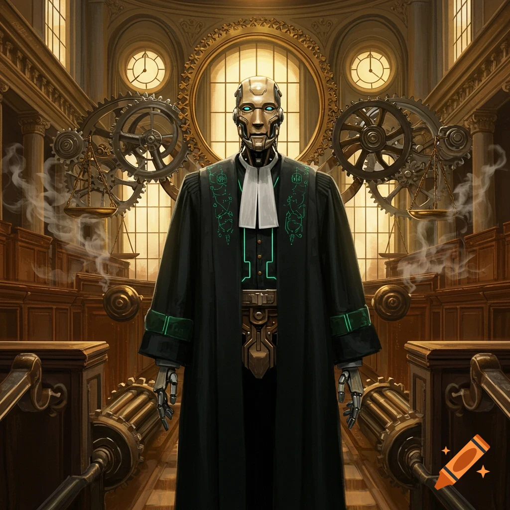 A metallic robot judge in a black robe stands in a grand steampunk courthouse with large gears and ornate windows.