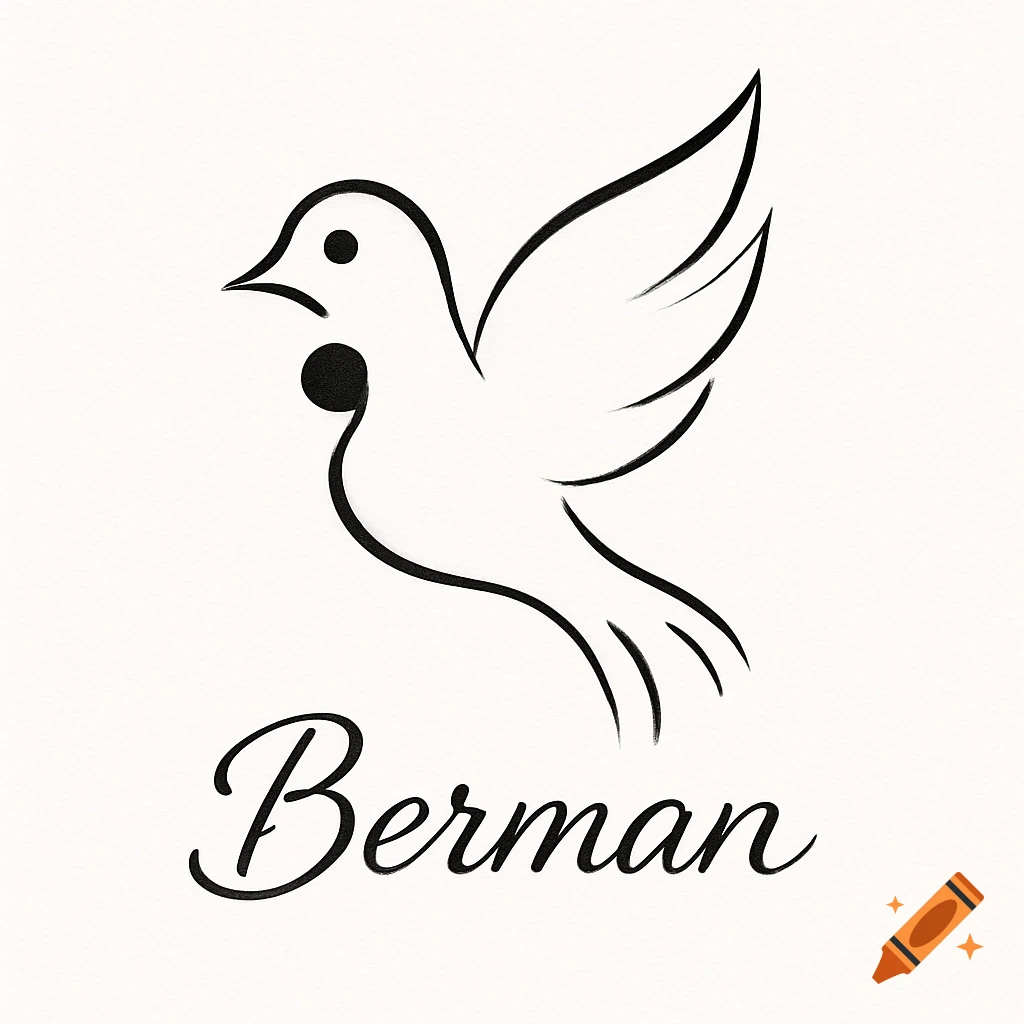 A minimalist black line art logo featuring a dove with a semicolon incorporated into its body, and the word "Berman" in cursive below.