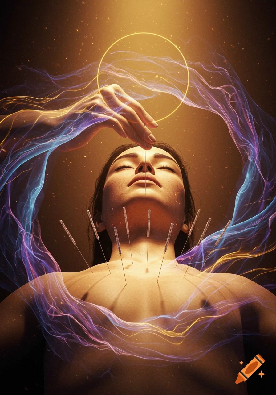 Close-up of a person with acupuncture needles on their chest and face, with a glowing hand above their head and swirling energetic light.