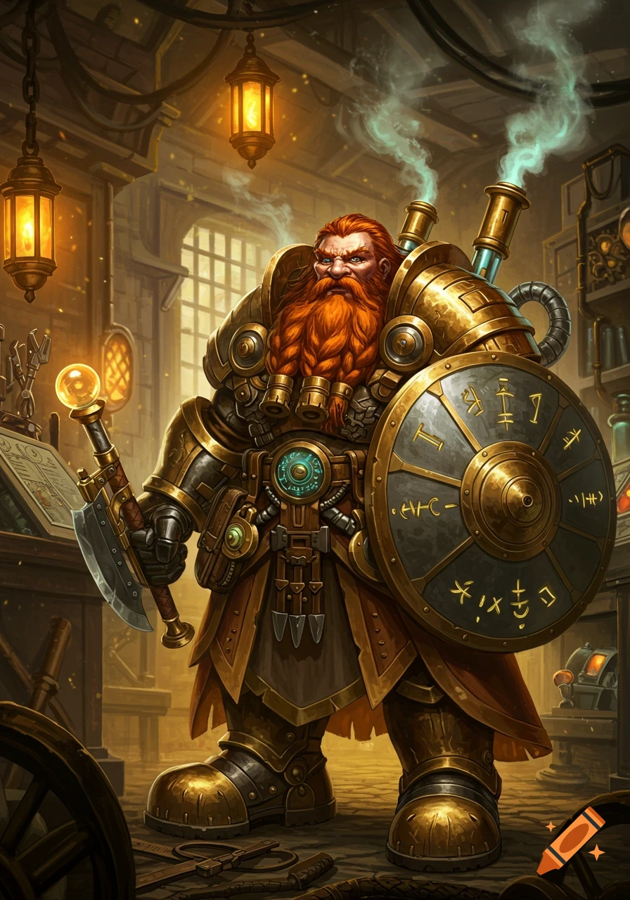 A heavily armored ginger dwarf in steampunk power armor stands in a workshop, holding an axe and a shield with runes.