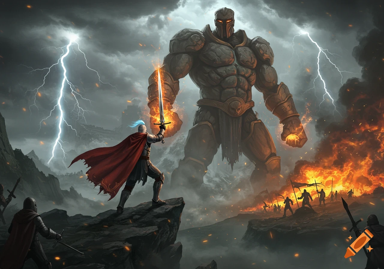 A lone knight with a glowing sword stands on a cliff, facing a colossal stone golem in a stormy, fiery battle landscape.
