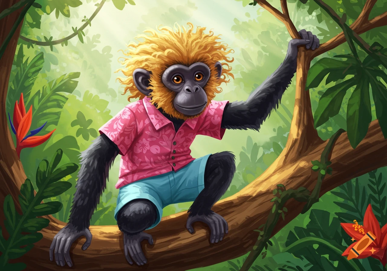 A cartoon monkey with blonde curly hair, a pink Hawaiian shirt, and blue shorts climbing a tree in a lush jungle.