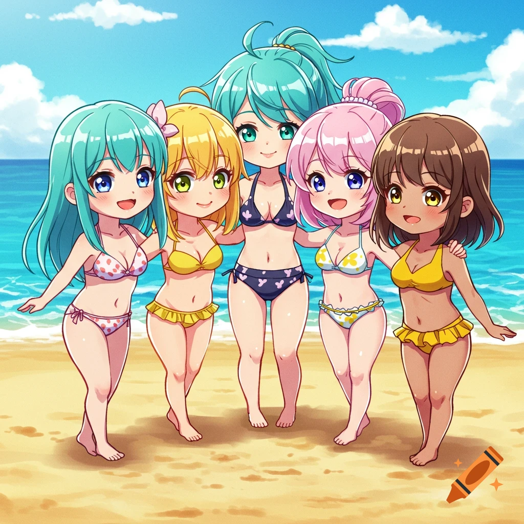 Five chibi-style female characters in various bikinis stand together on a sandy beach with the ocean in the background, posing for a photo.