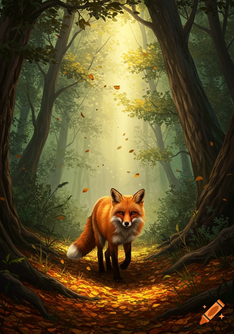 An illustrated red fox walks on a leafy path in a sun-dappled autumn forest.