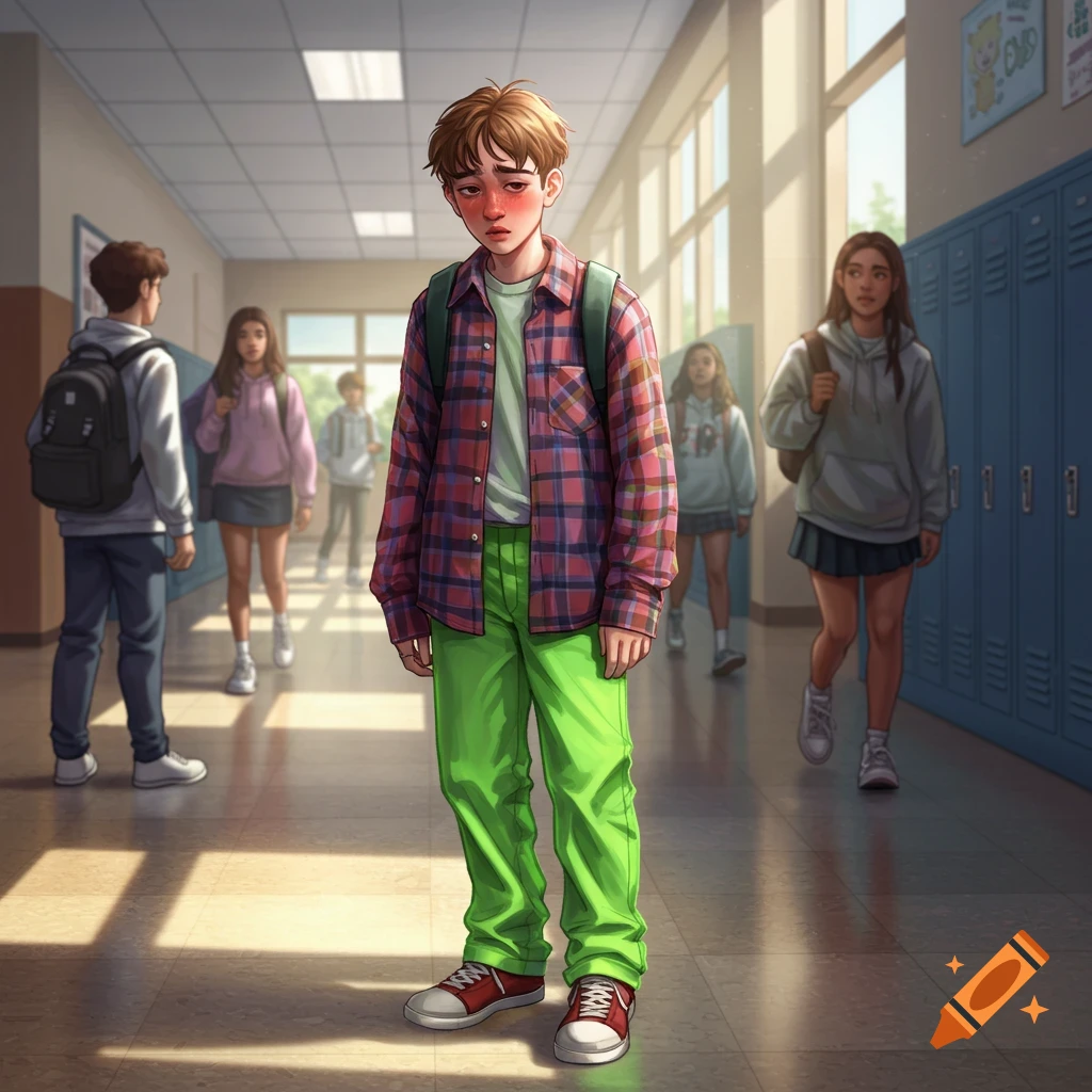 An embarrassed male student in bright green pants and a plaid shirt stands in a school hallway with other students.