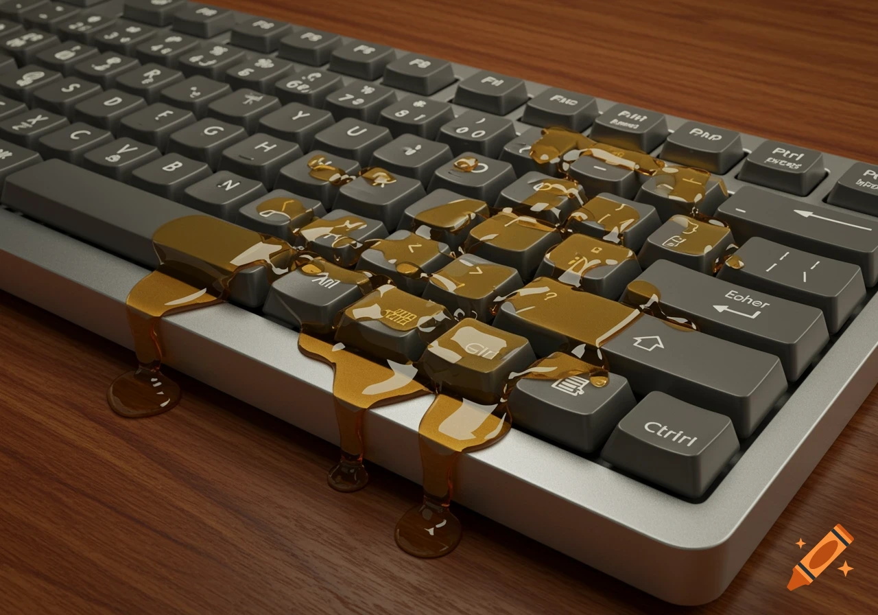 Photorealistic image of a grey computer keyboard covered in spilled golden honey, dripping onto a wooden desk.
