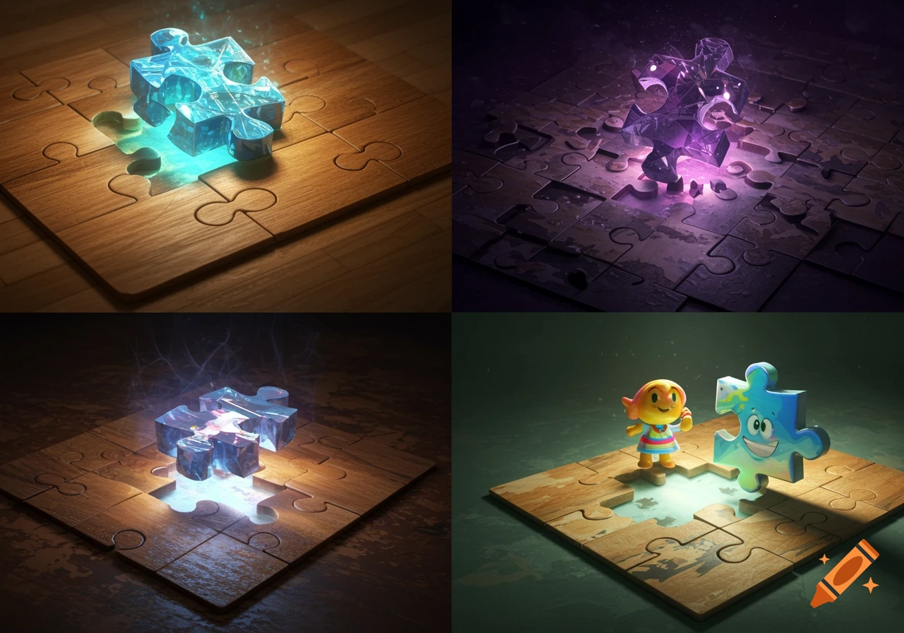Four stylized puzzle scenes: glowing crystal pieces on wooden boards, and a cartoon character with a smiling puzzle piece.