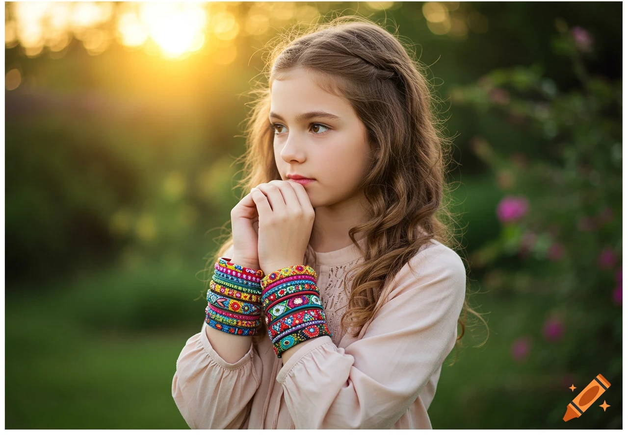 A young girl with long brown hair wearing colorful patterned bracelets, looking thoughtful outdoors in sunlight.