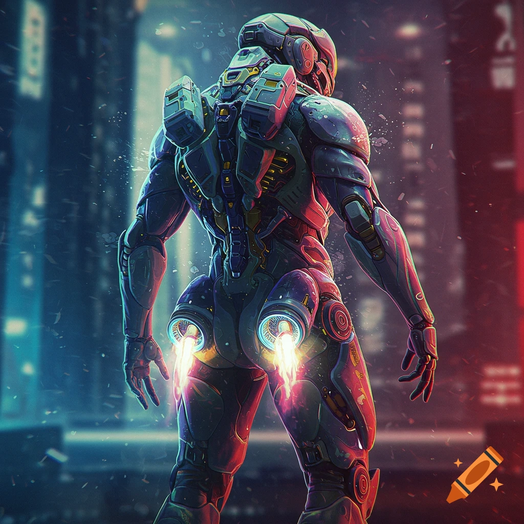 Rear view of a heavily armored, jet-engine-powered humanoid with thrusters on its legs, standing in a futuristic city at night.