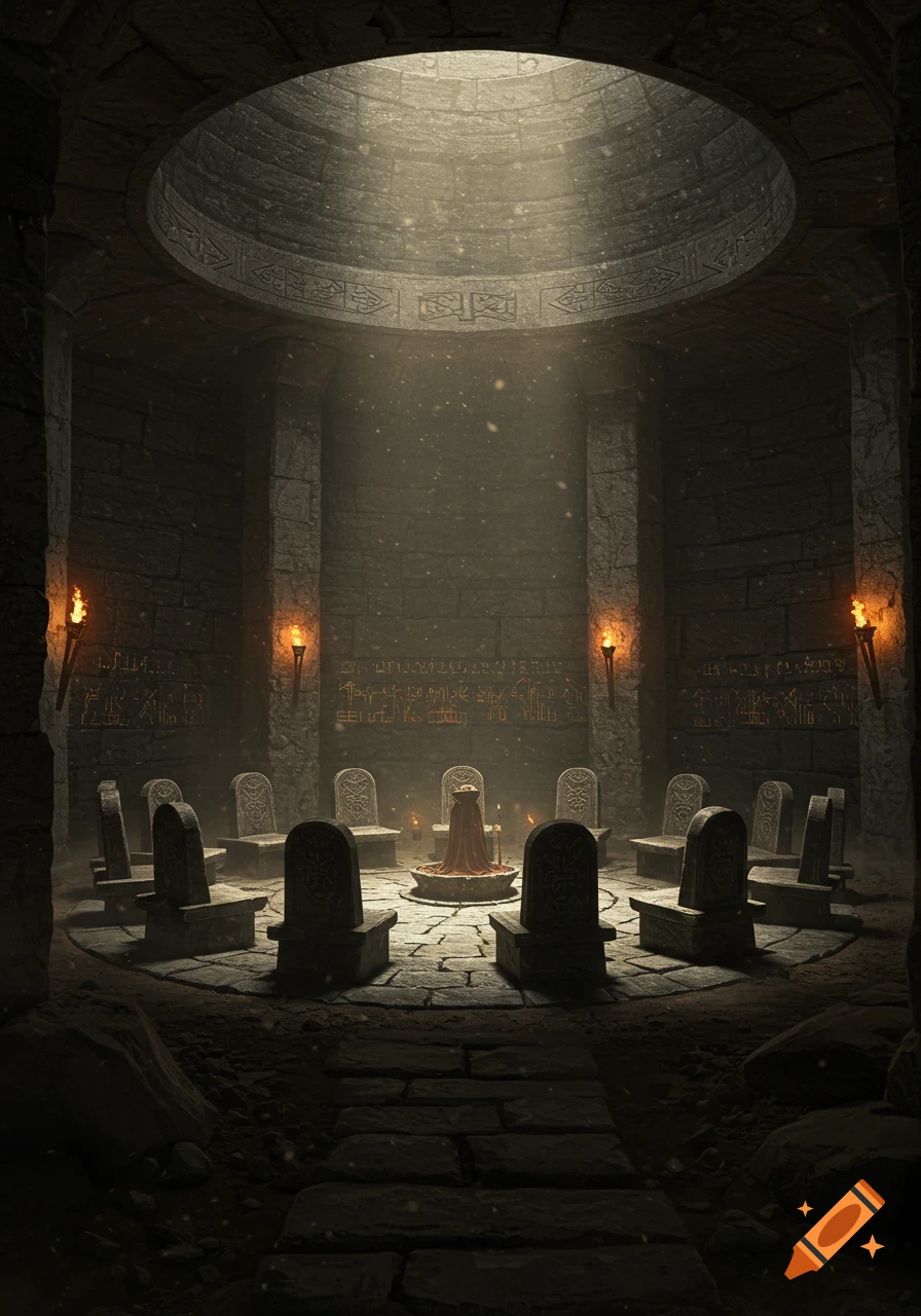 A dark circular stone chamber with an opening in the roof, illuminating a circle of stone chairs around a central altar. Torches line the walls.