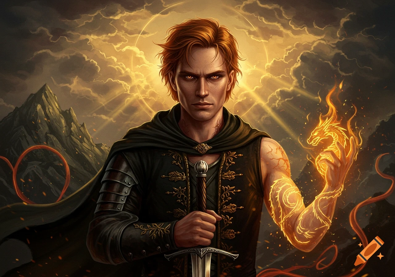 A dramatic Baroque oil painting of a red-haired man with glowing eyes, holding a sword, with a glowing dragon on his arm and a stormy, golden sky background.
