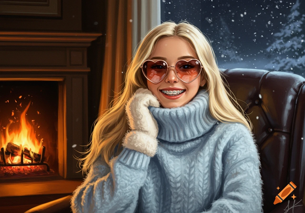 Blonde woman in heart sunglasses and braces smiles by a fireplace, wearing a blue turtleneck and white glove, with snow falling outside.