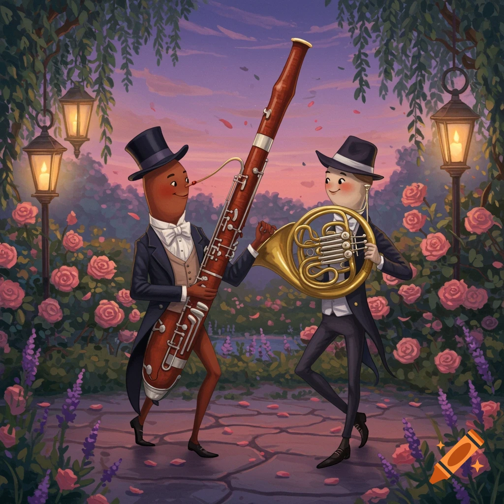 An anthropomorphic bassoon and French horn, dressed in tuxedos, stand in a beautiful rose garden at sunset.