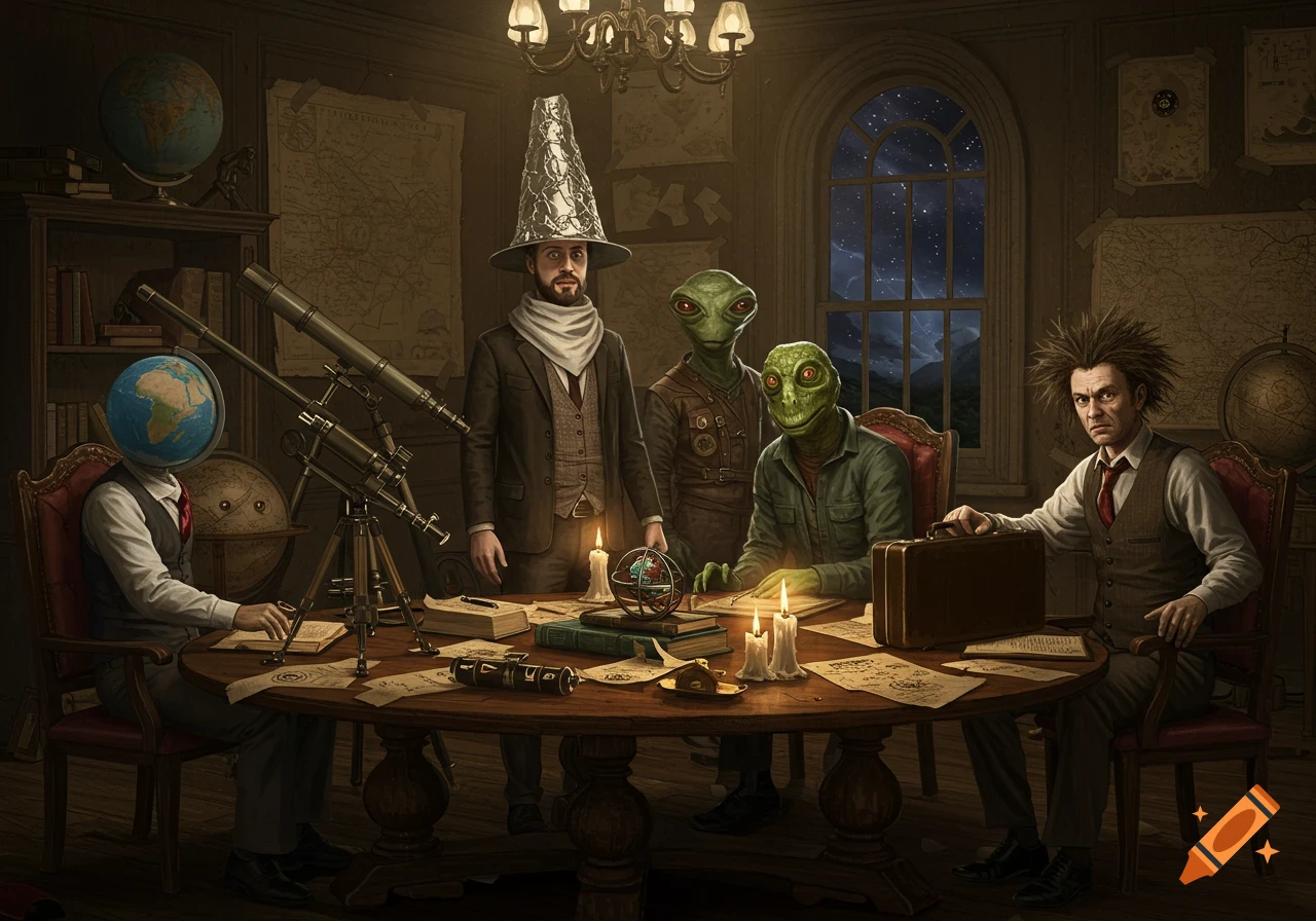 Four unique characters, including a man with a globe for a head and two reptilian beings, gather around a table in a dimly lit, old-fashioned study, with maps on the wall and a telescope nearby.