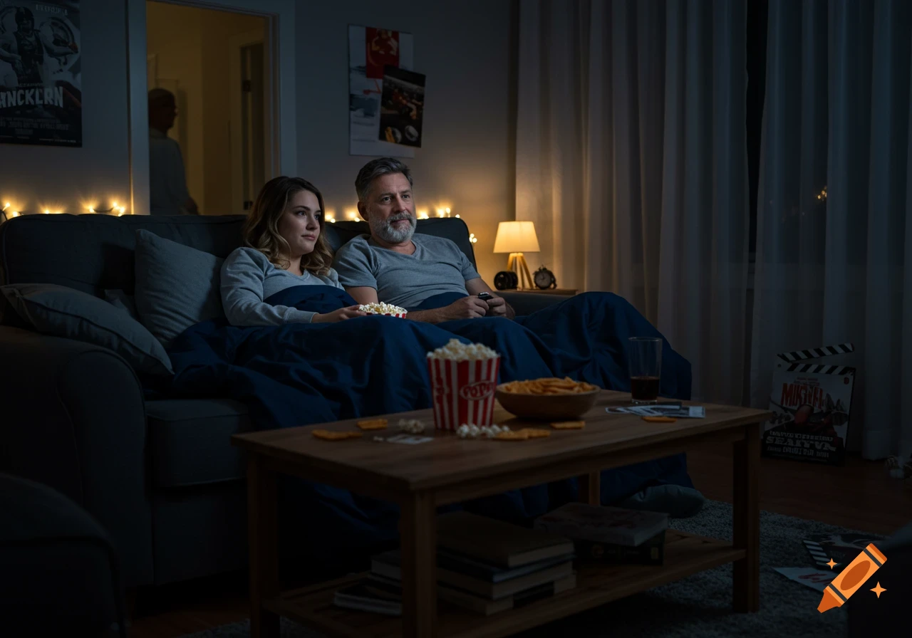 A man and woman snuggle under a blue blanket on a sofa, watching a movie at night with popcorn and snacks on the coffee table.