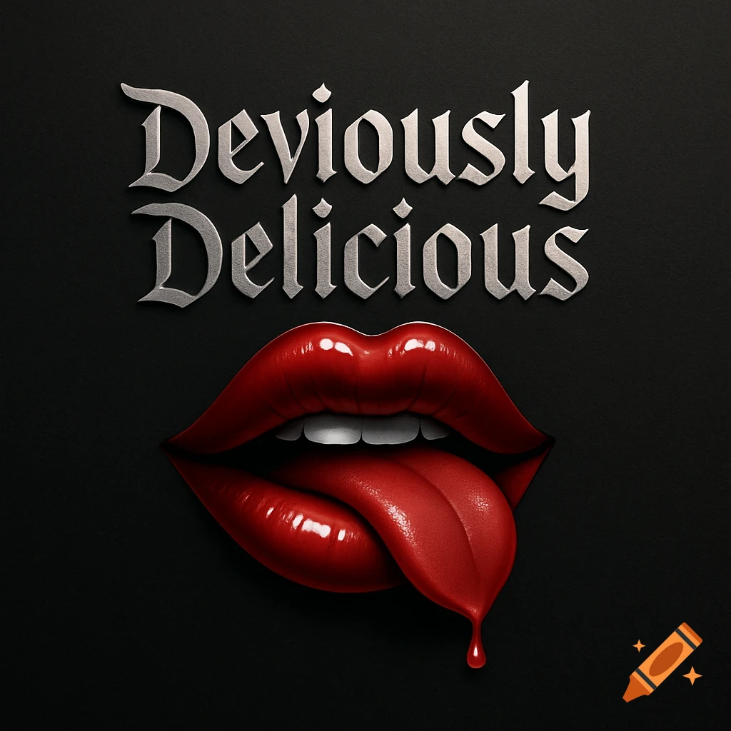 Stylized logo featuring silver gothic text 'Deviously Delicious' above red luscious lips with a salivating tongue on a dark background.