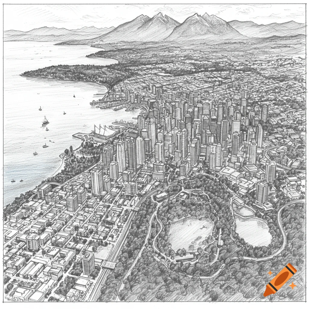 Detailed pencil sketch of an aerial view of Vancouver, British Columbia, showing the downtown skyline, waterfront, and mountains.