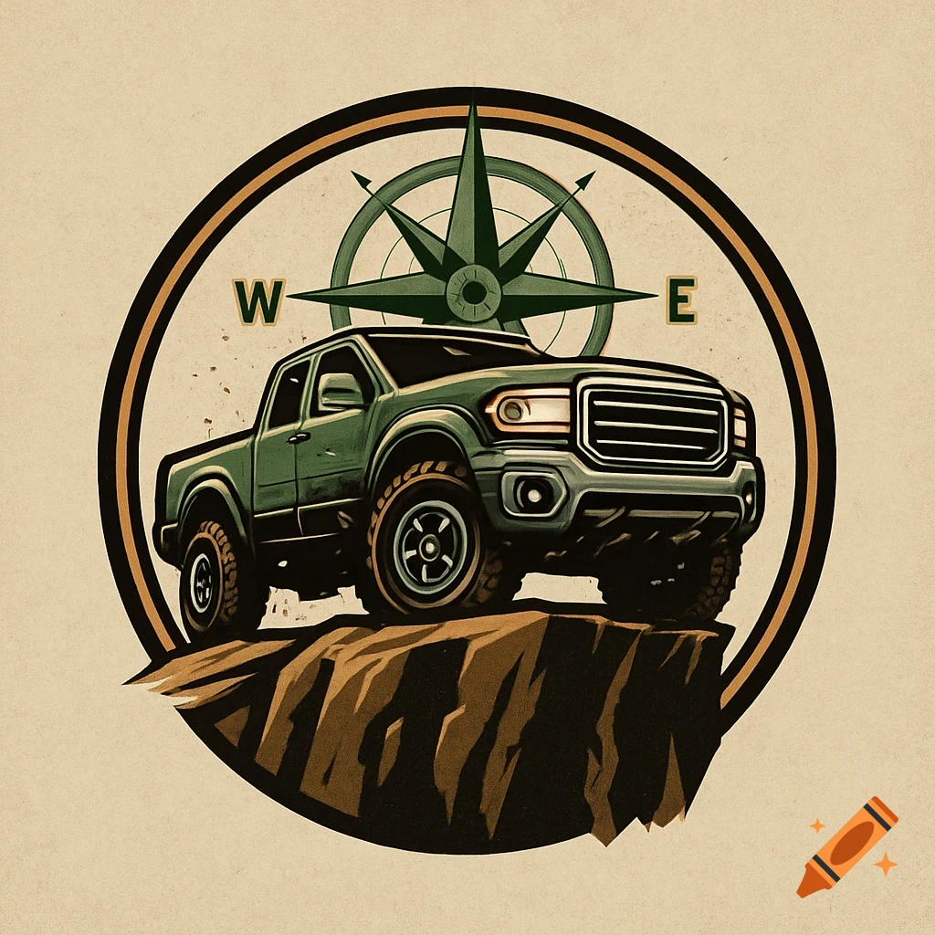 An illustration of a green off-road truck on a cliff within a circular logo, featuring a compass rose with 'W' and 'E' in the background.