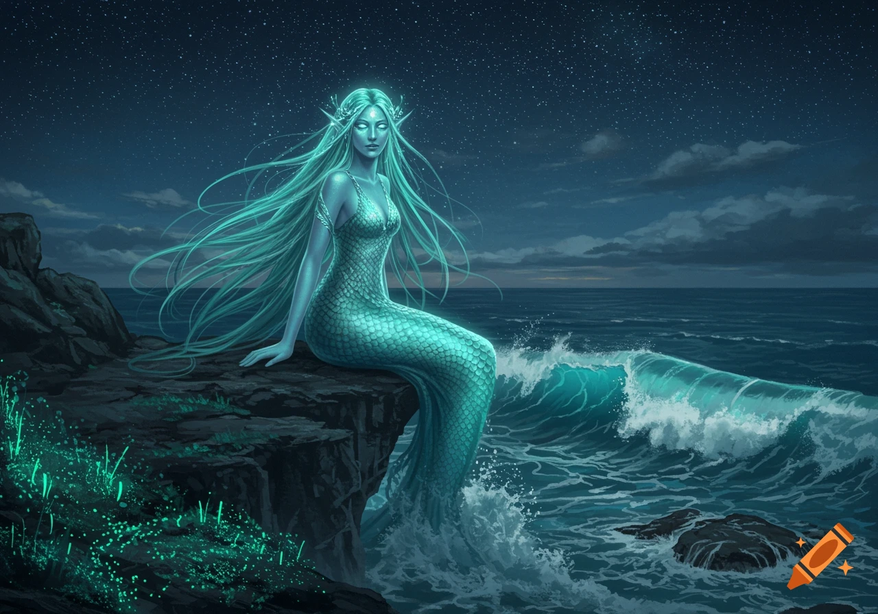 A luminous siren with long turquoise hair and tail sits on dark rocks by a stormy ocean under a starry night sky, fantasy art.