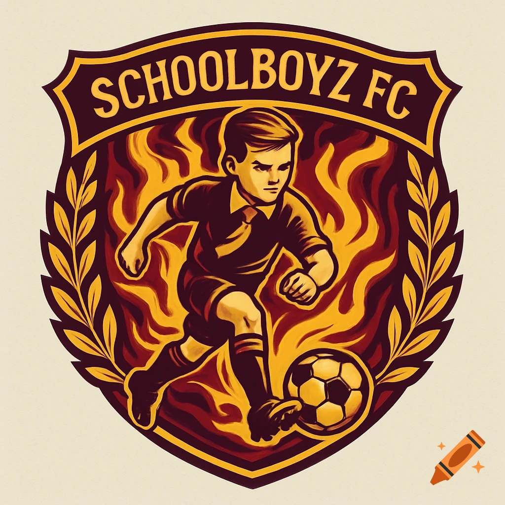 A stylized football crest featuring a boy kicking a soccer ball, surrounded by flames and golden laurels. The text 'SCHOOLBOYZ FC' is displayed above the boy.