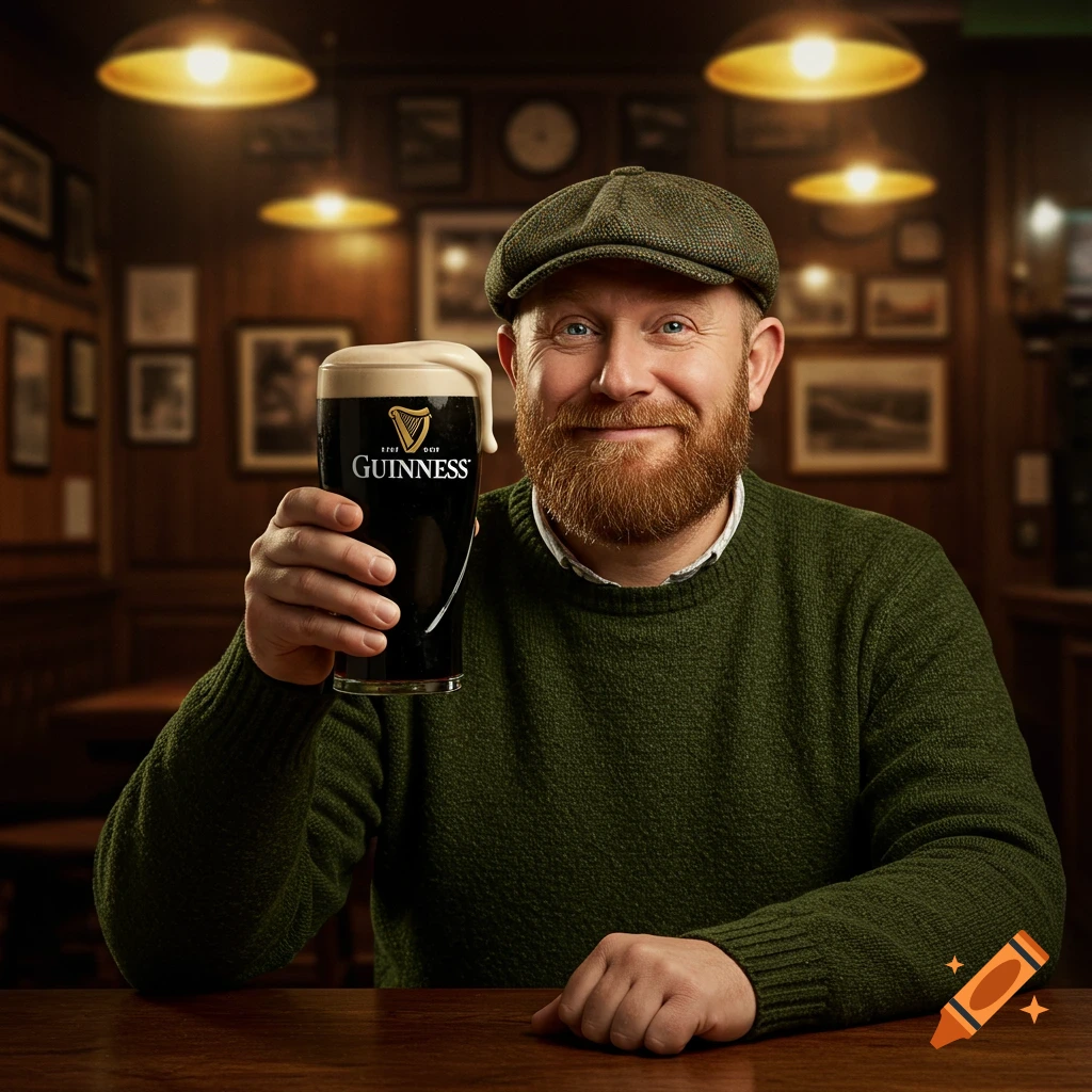 A smiling man in a green sweater and flat cap holds an overflowing pint of Guinness in a dimly lit Irish pub.