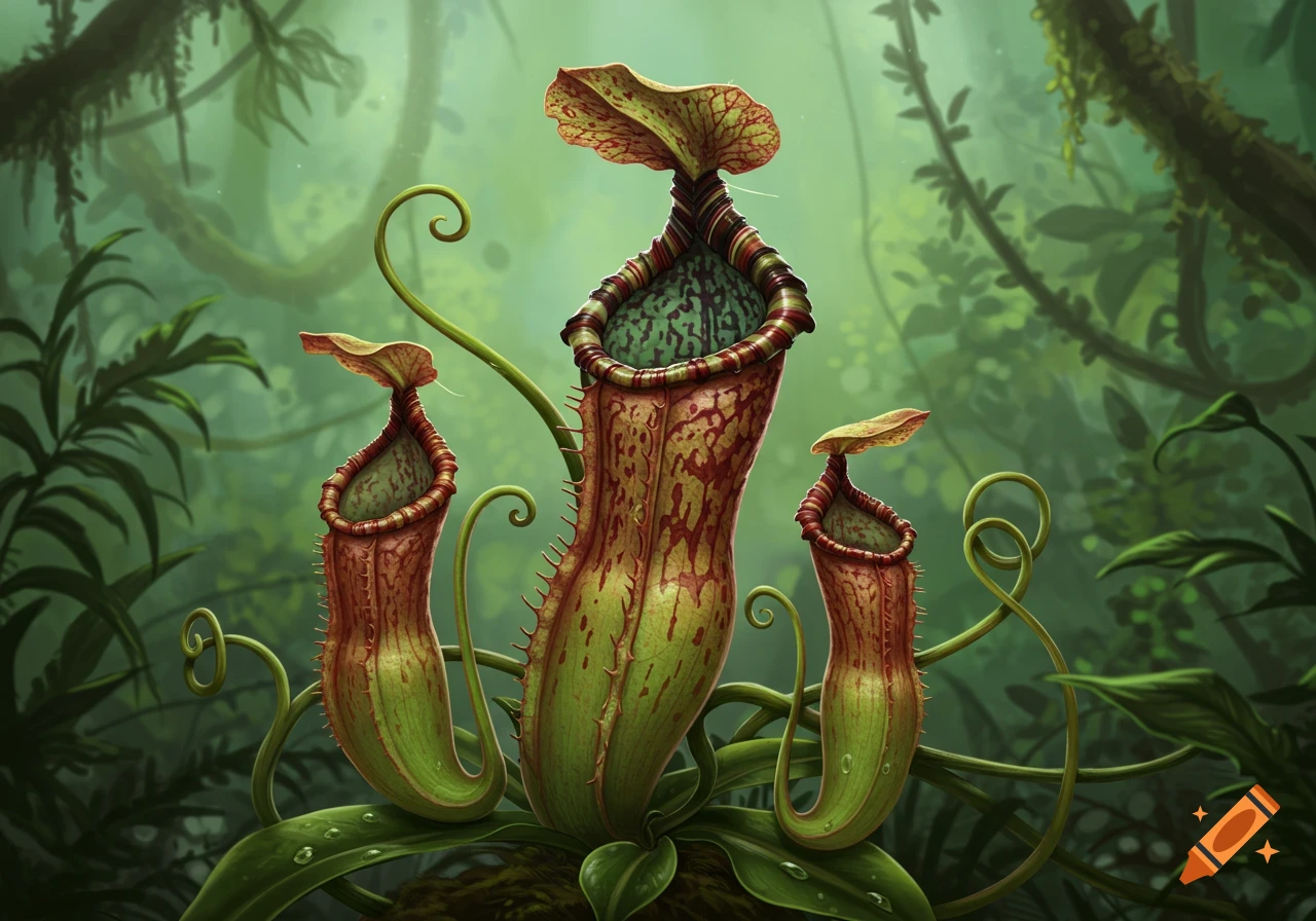 Three vibrant green and red pitcher plants with curly tendrils in a lush, misty jungle environment, digital painting.