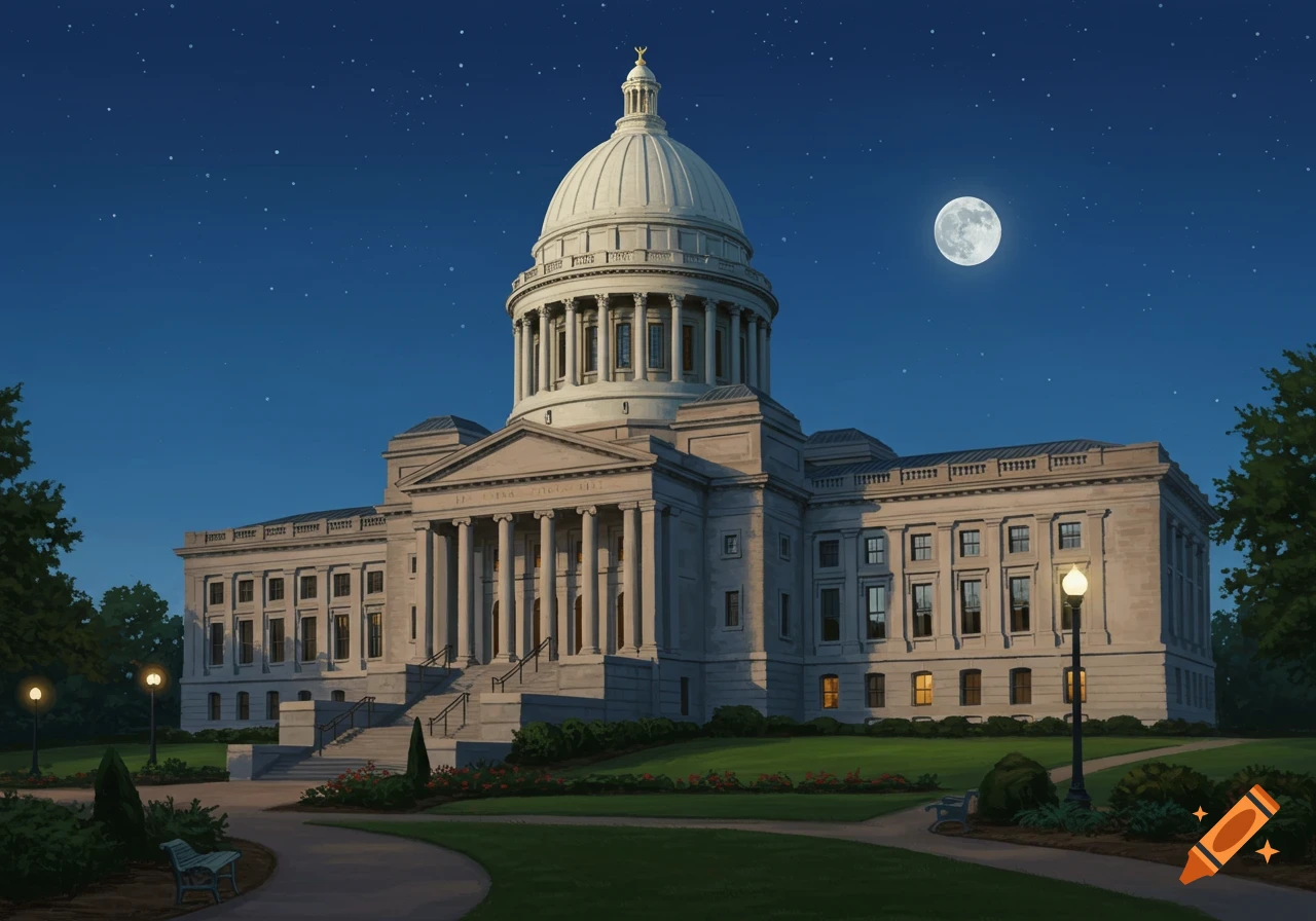 The Arkansas State Capitol building at night under a full moon and clear, starry sky, with illuminated windows and pathways.