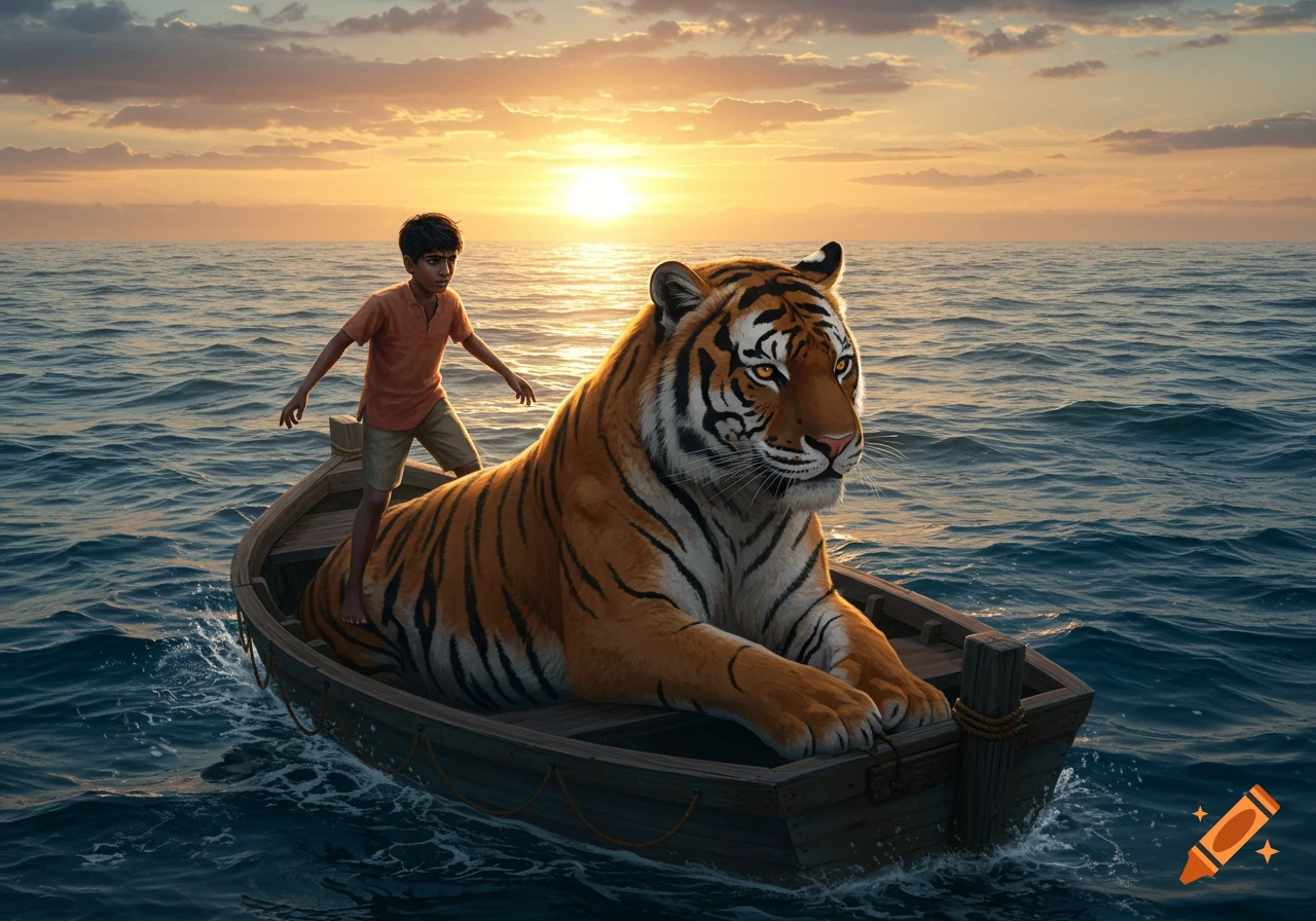 A boy and a Bengal tiger in a lifeboat on the ocean at sunset.