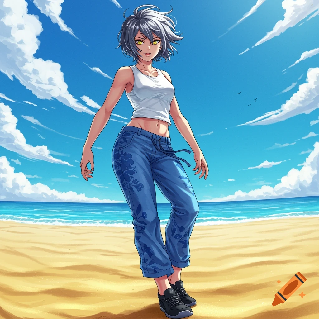 An anime tomboy character with short silver hair and yellow eyes, wearing a white tank top and blue floral pants, stands on a sunny beach.