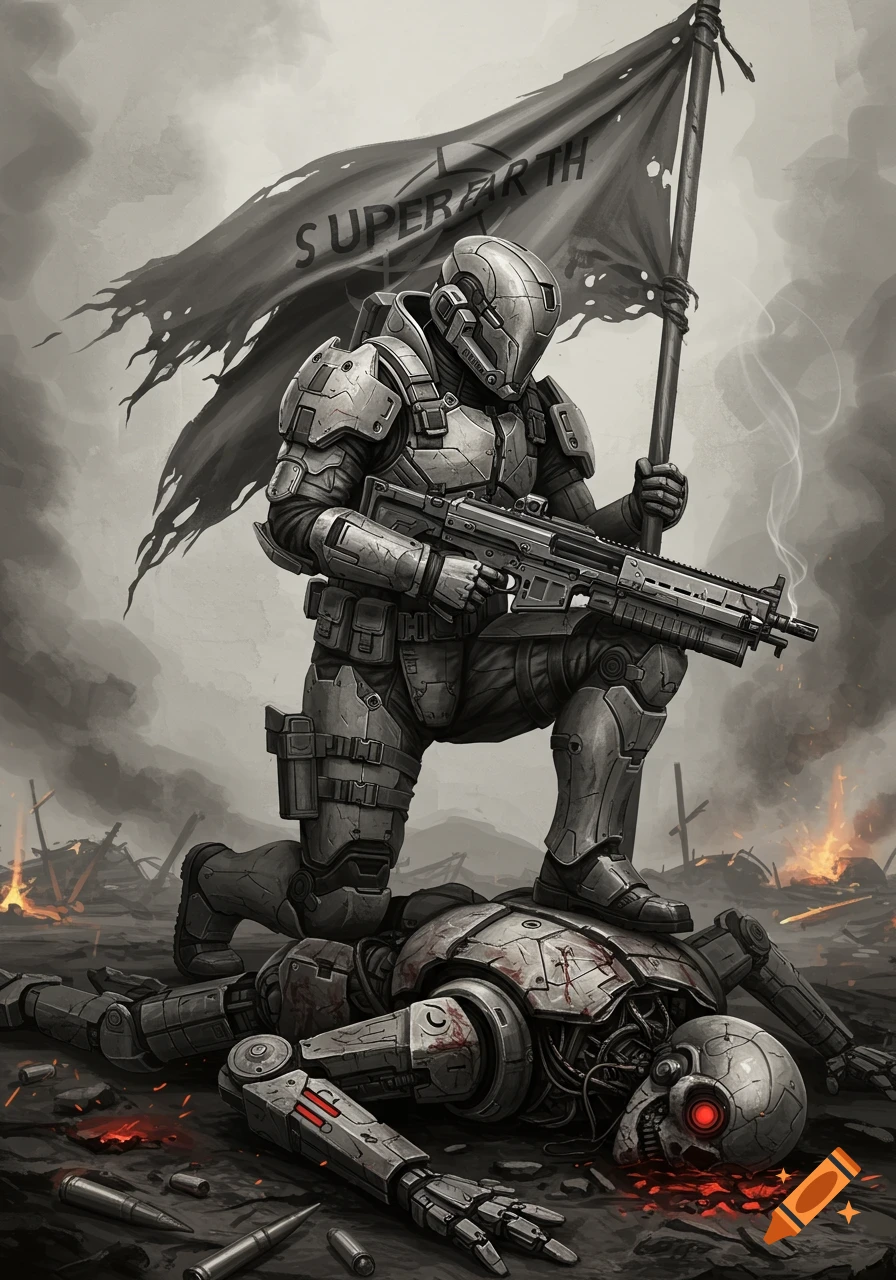 Sci-fi soldier in power armor kneels on a defeated robot in a desolate, war-torn battlefield, holding a flag and rifle.