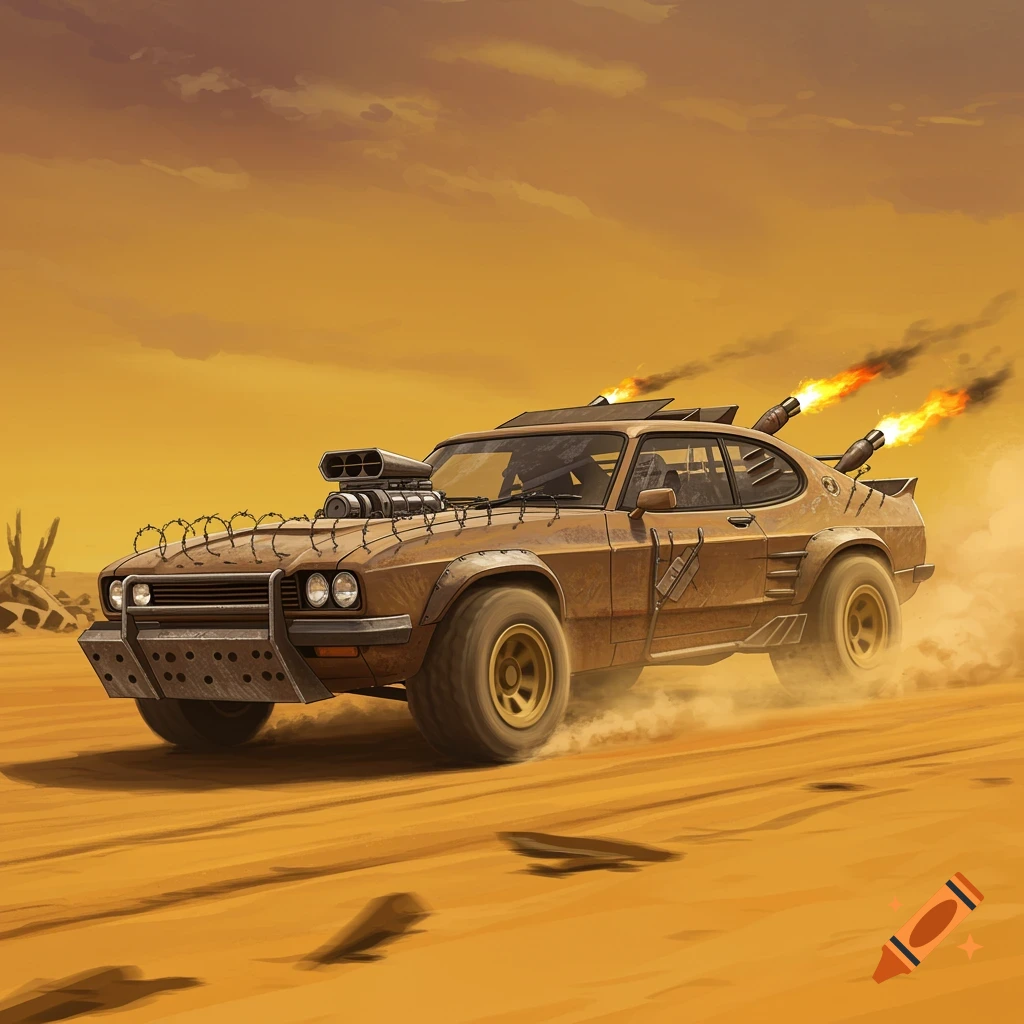 A heavily customized, weaponized brown Ford Capri speeding through a dusty desert landscape, plumes of fire erupting from its rear.
