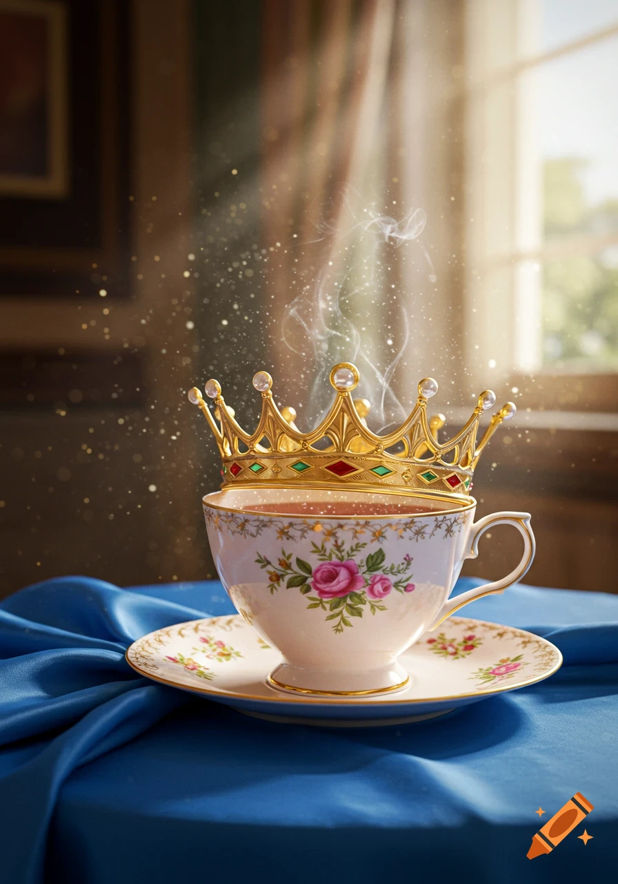 A beautiful teacup with floral patterns and gold trim is filled with steaming tea, wearing an ornate golden crown, sitting on a blue satin cloth with sparkling light.