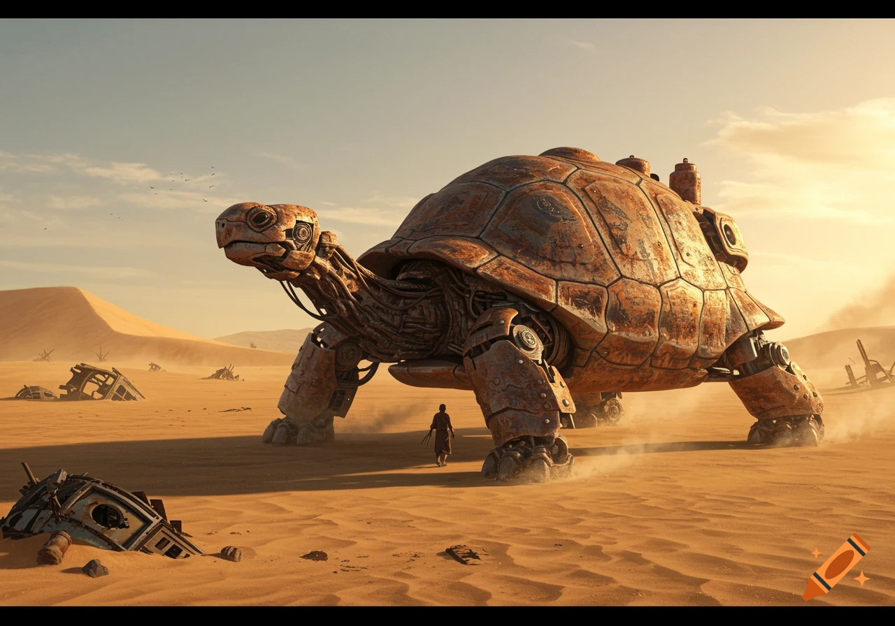 A giant rusty mechanical tortoise lumbers through a vast desert at sunset, a small human figure standing before it.