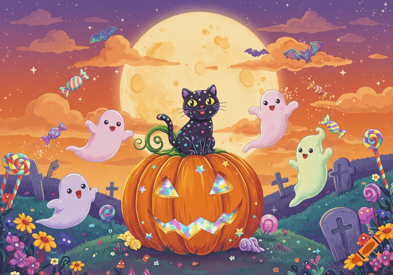 A colorful Lisa Frank-style Halloween illustration featuring a black cat on a pumpkin, surrounded by ghosts, candy, and bats under a full moon.