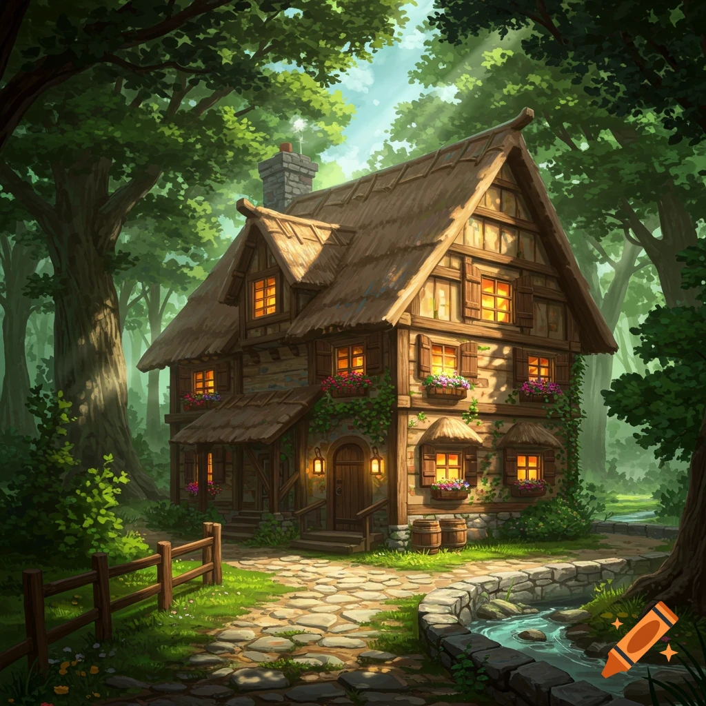 A rustic thatched-roof cottage with glowing windows in a lush fantasy forest, with a stone path and stream.