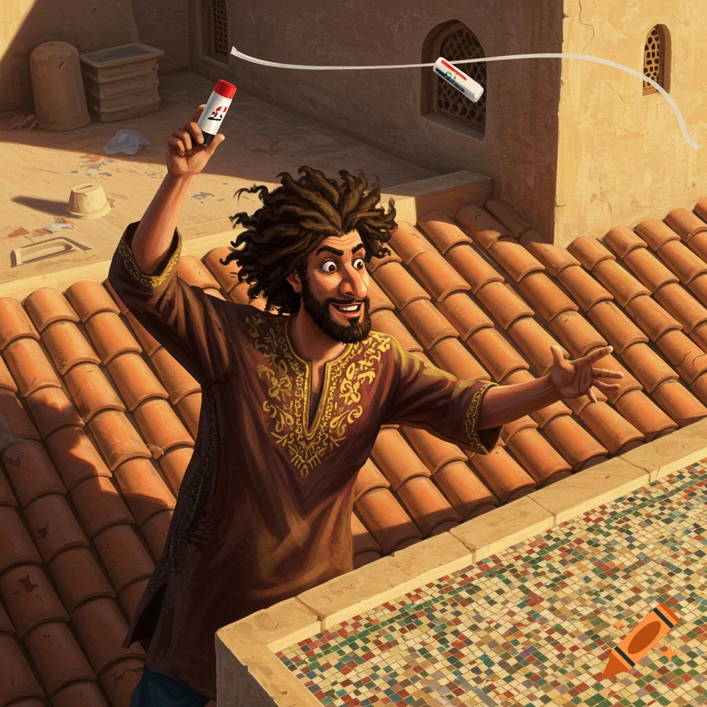 A bearded man with curly hair throws a glue stick on a tiled rooftop.
