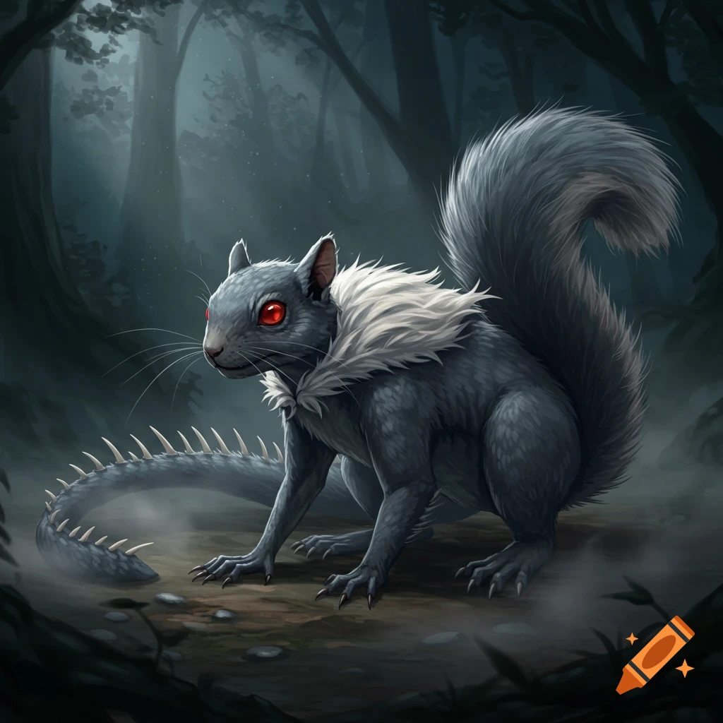 A grey-blue fantasy creature with red eyes, a white fur collar, and a spiky tail, in a dark, misty forest.