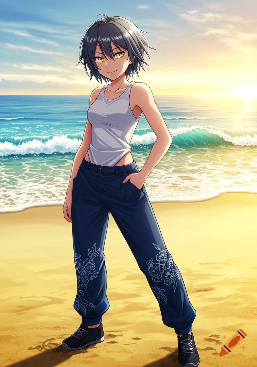 Anime character with short dark silver hair and yellow eyes in a white tank top and floral blue pants, standing on a sunny beach.