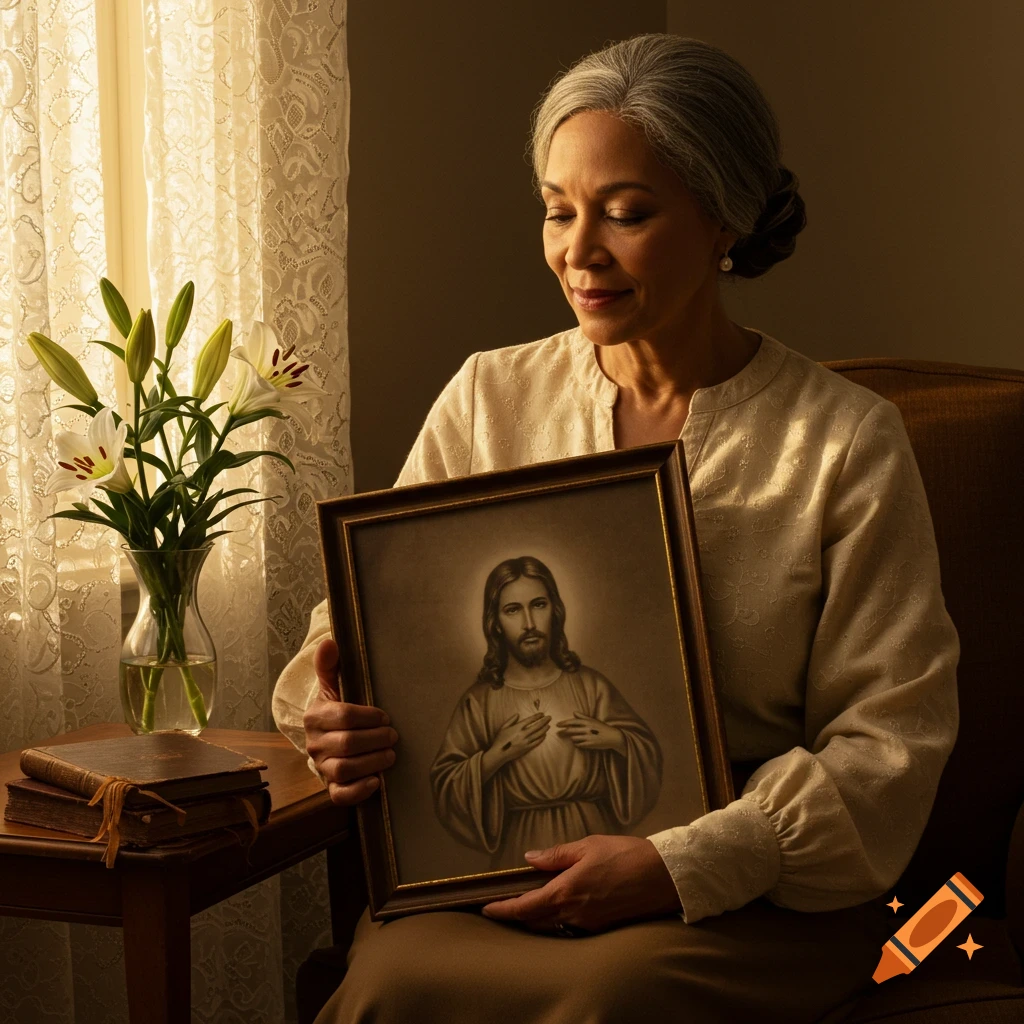 A middle-aged woman with gray hair holds a framed portrait of Jesus while sitting by a sunlit window with lilies and old books.