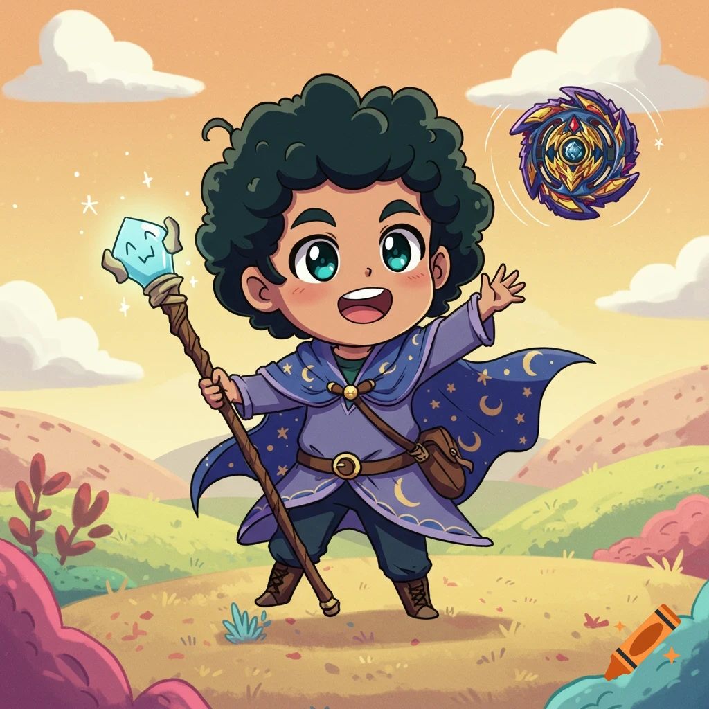 Chibi cartoon boy wizard with a glowing staff and a spinning Beyblade X in a vibrant outdoor setting.