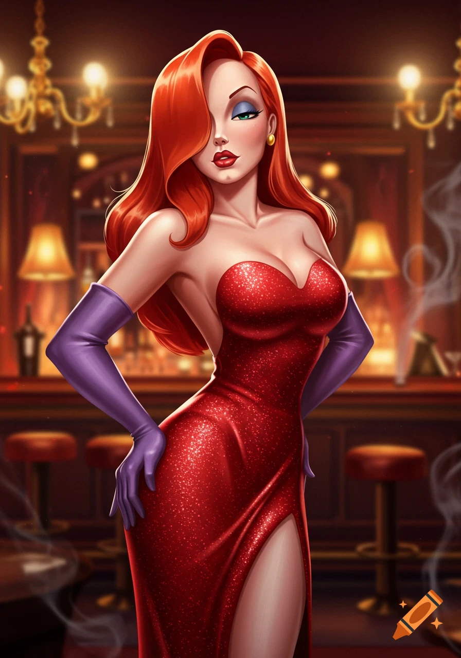 A glamorous illustration of Jessica Rabbit in a sparkling red dress and purple gloves, standing in a dimly lit bar.