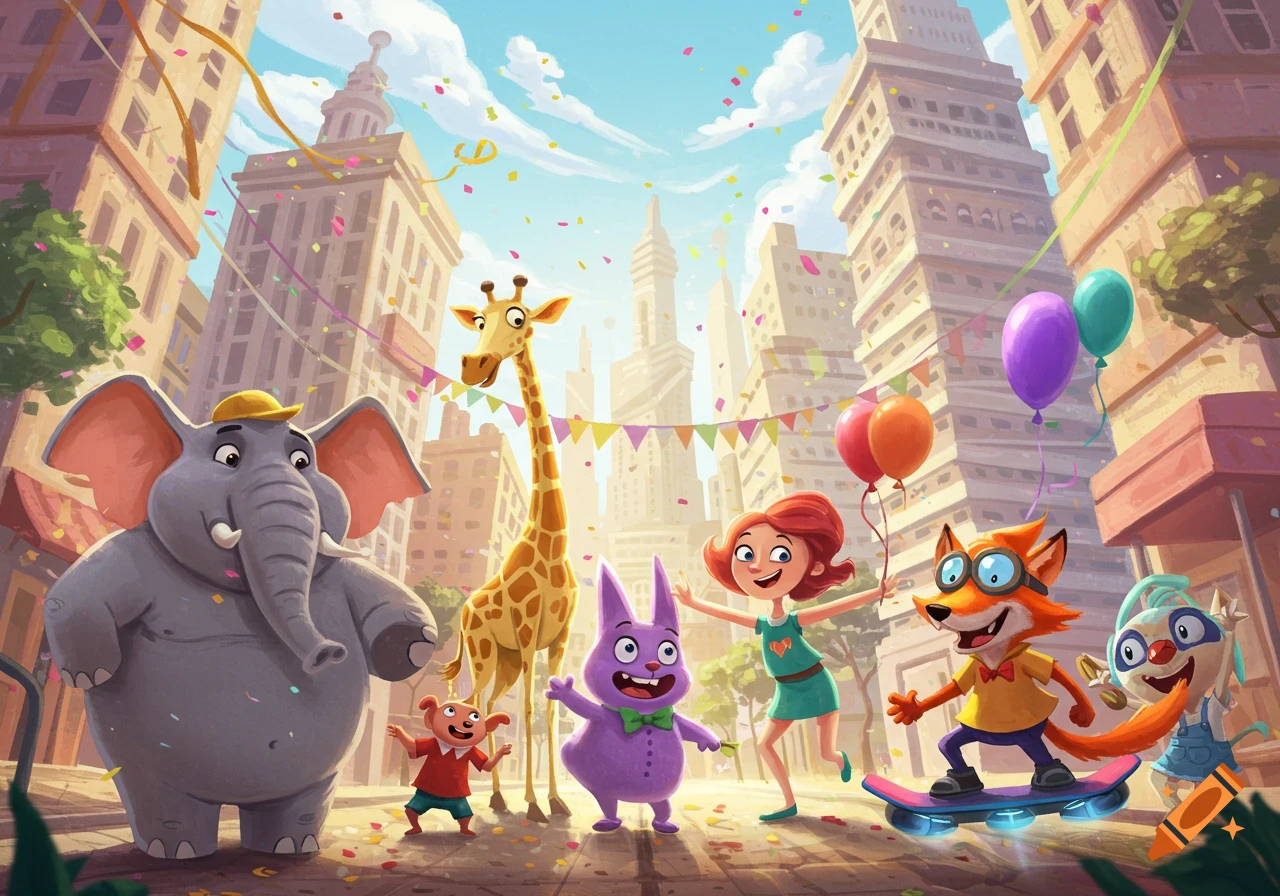 A group of cheerful cartoon animals and a girl celebrate in a city street with confetti and balloons.
