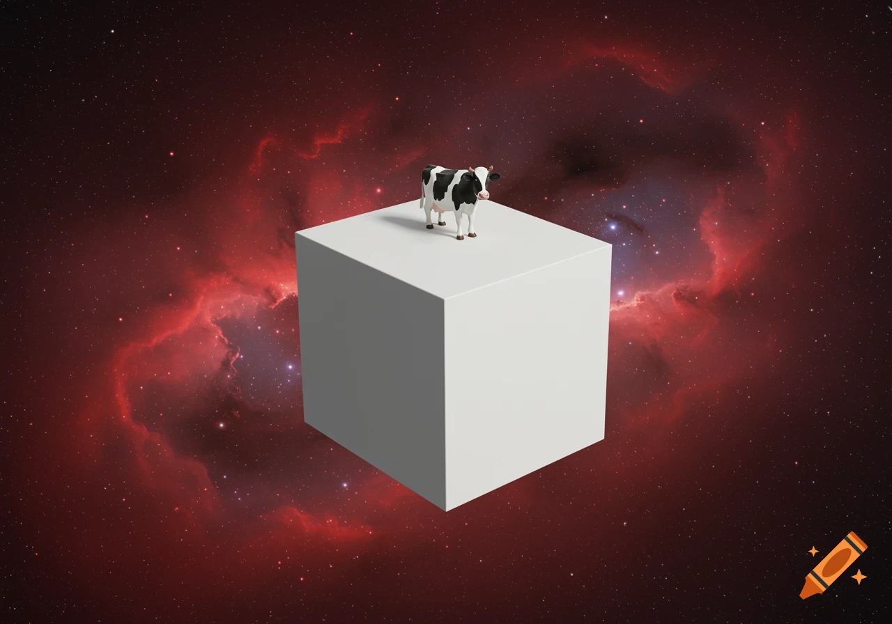 A black and white cow stands on a large white cube floating in a vibrant red nebula with stars.