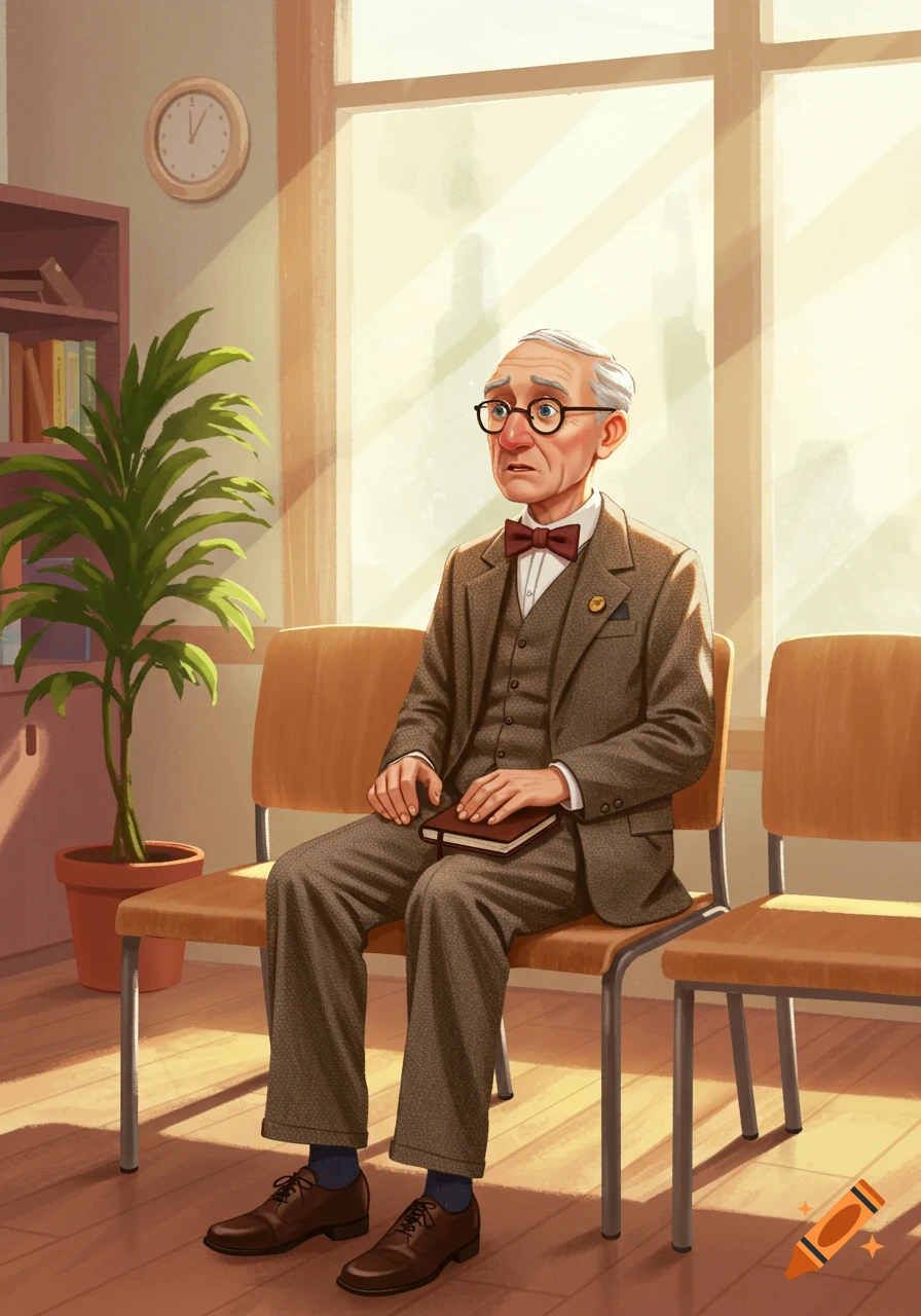 An elderly man in a suit and bow tie sits in a sunlit waiting room, holding a book.