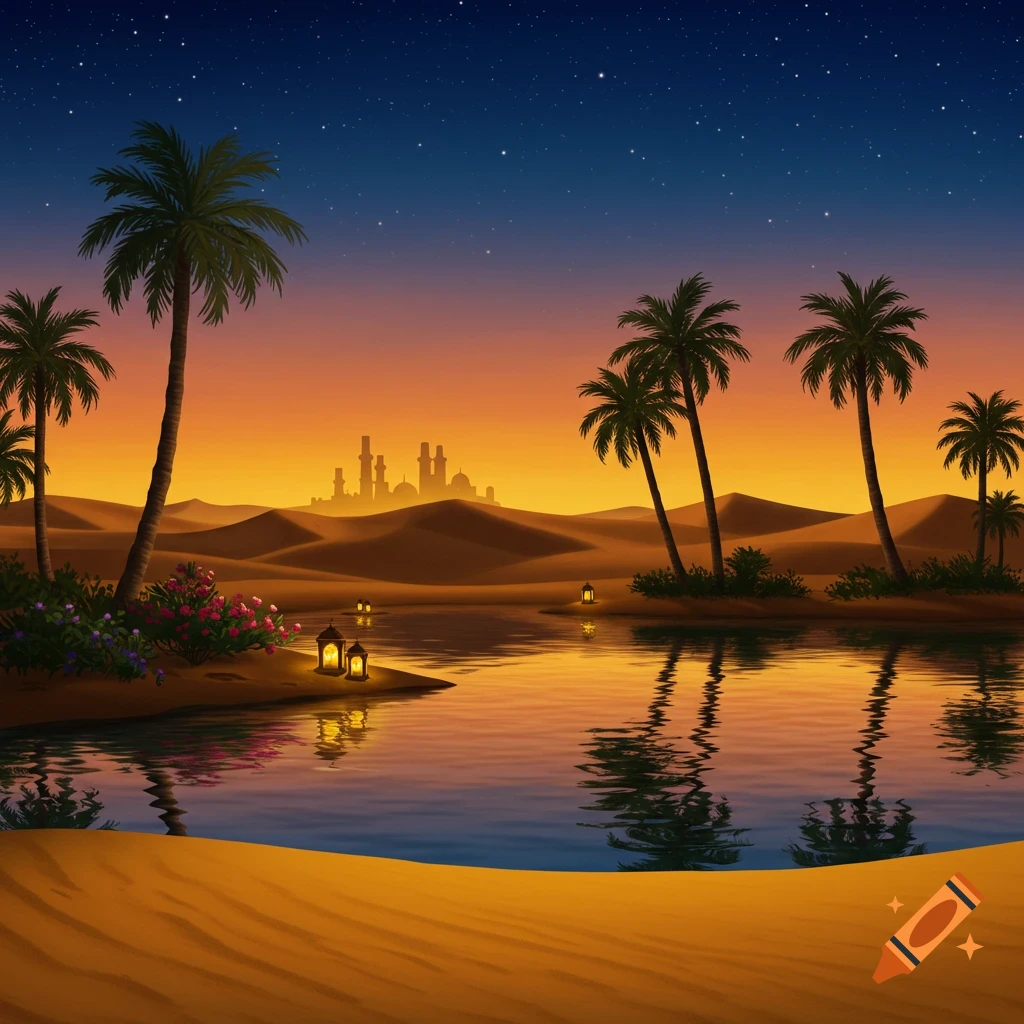 Stylized desert oasis at sunset with palm trees, a calm lake reflecting the sky, and a distant city silhouette under a starry sky.