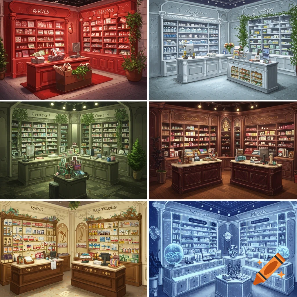 Six stylized pharmacy interiors, each representing a different horoscope sign with distinct colors, shelves of products, and counter areas.