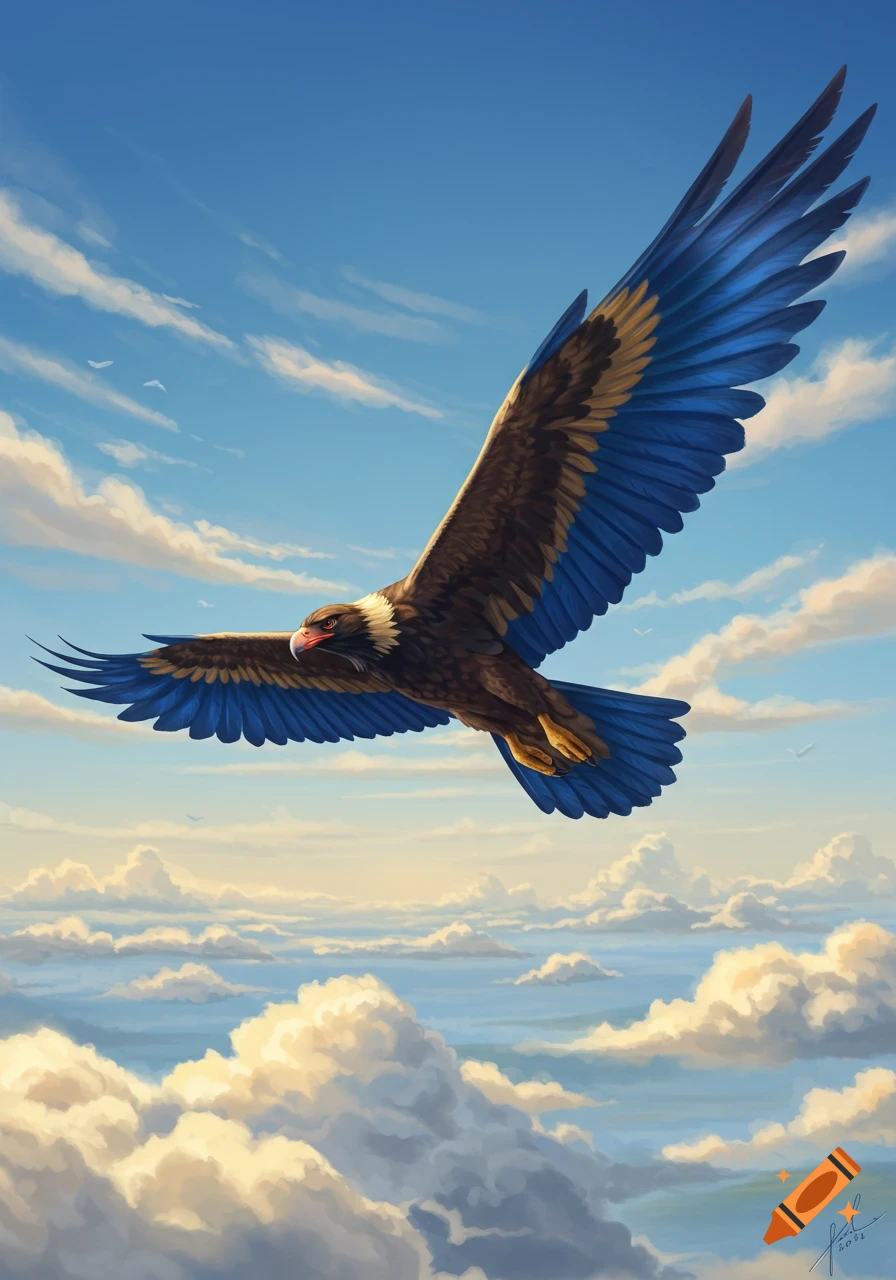 A majestic blue and gold eagle soars with wide wings spread in a bright, cloudy blue sky. Digital painting style.