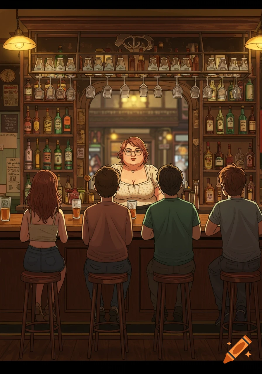 A cartoon illustration of a bar scene with a female bartender facing three patrons seated at the counter with their backs to the viewer.
