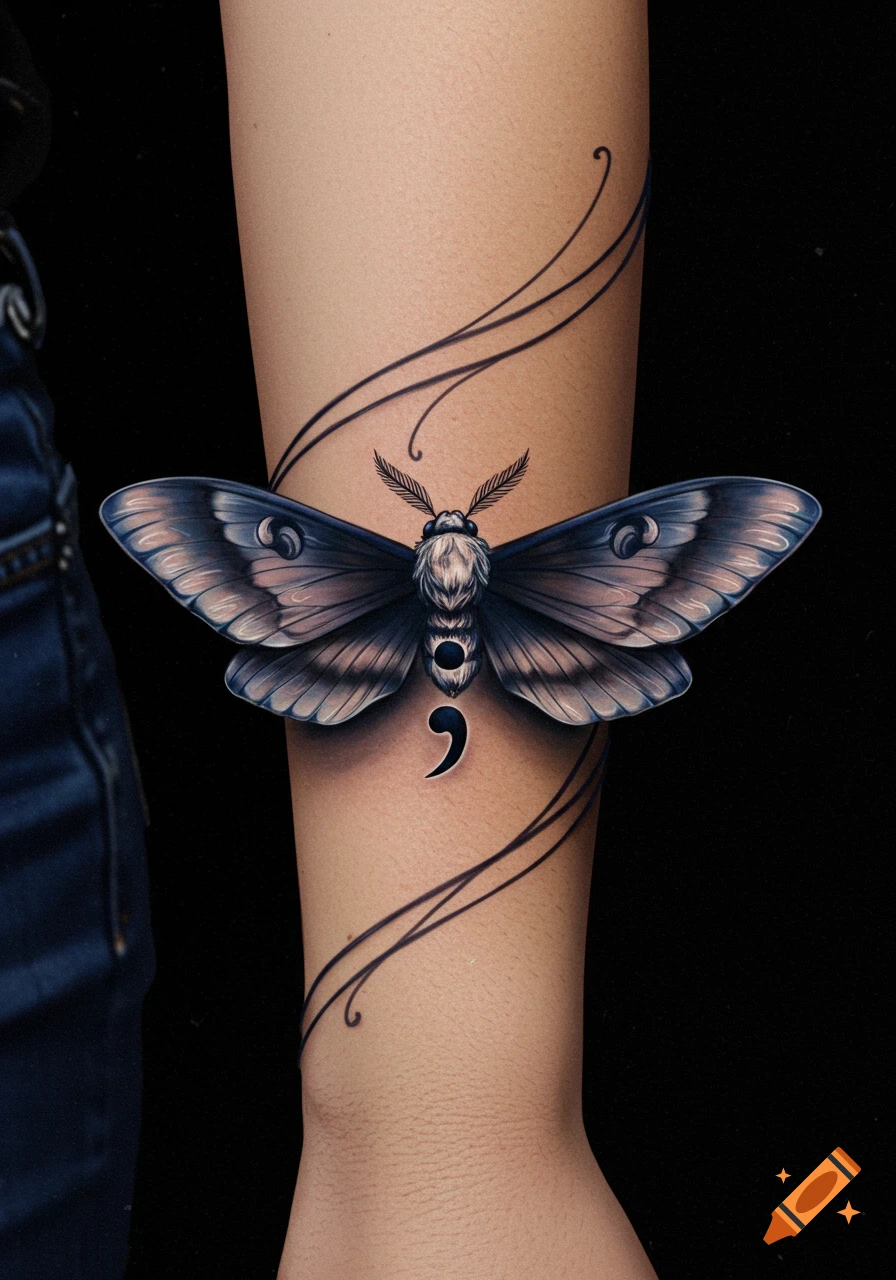 Photorealistic tattoo of a moth with a semicolon as its body on an arm, surrounded by swirling lines.