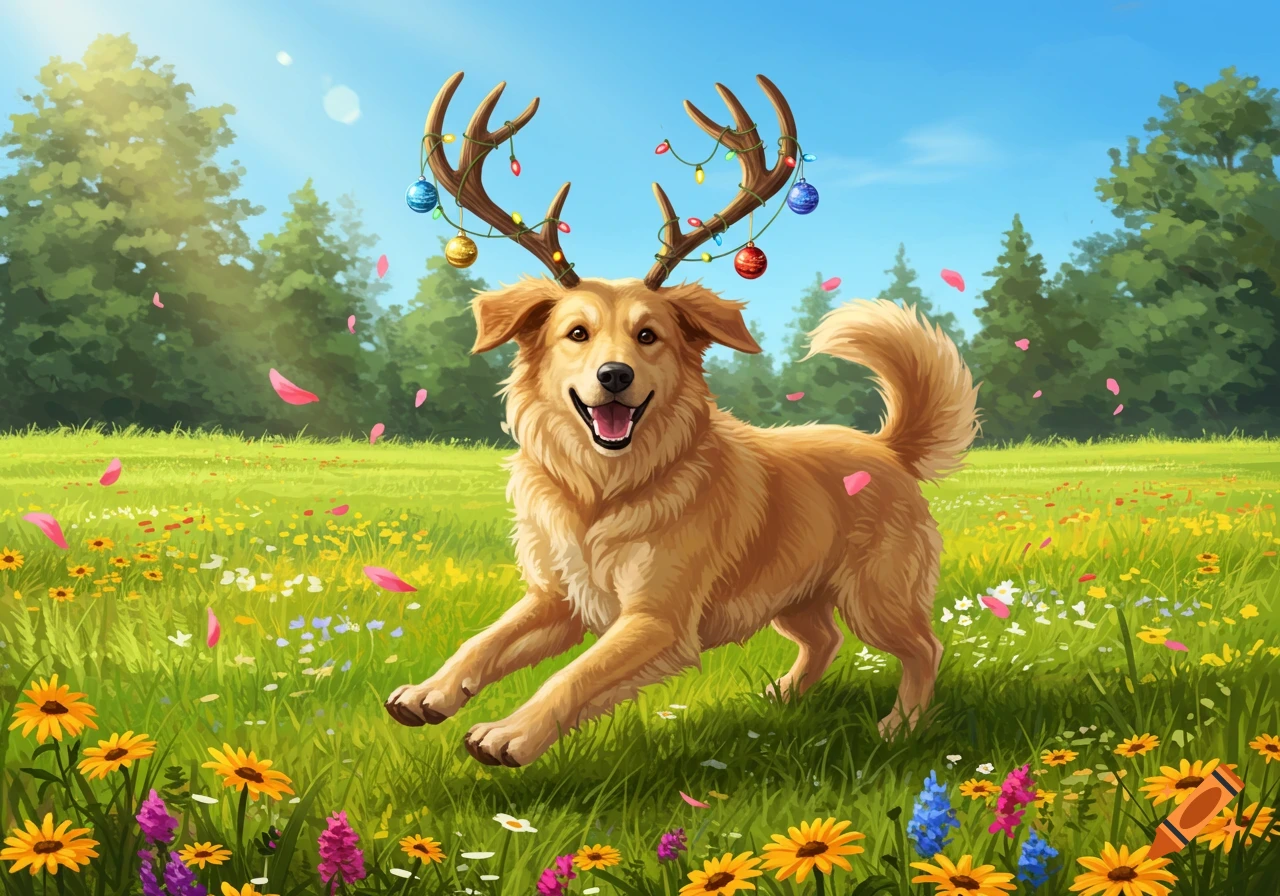 A happy golden retriever with festive antlers adorned with Christmas lights runs through a sunny, flower-filled green meadow with pink petals falling.